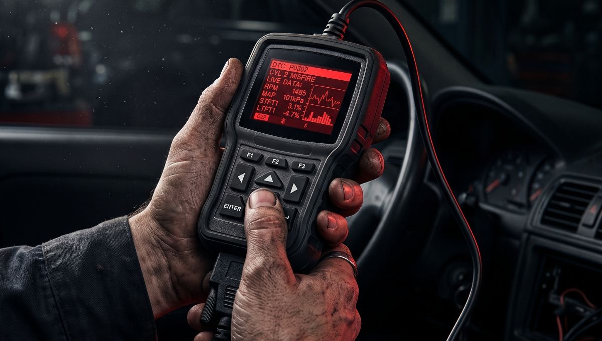 Mecânico segurando scanner OBD2 com código de falha na tela