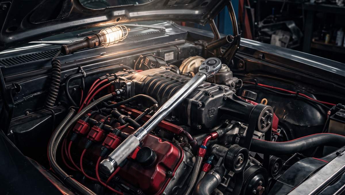 Motor com o capô aberto e chave de torque apoiada, sob luz de inspeção